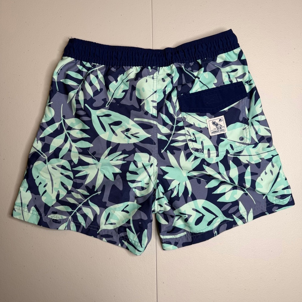 American Eagle Mens XS Tropical Leaf Swim Trunks Navy Teal 5 Inch Inseam Shorts - Picture 7 of 12